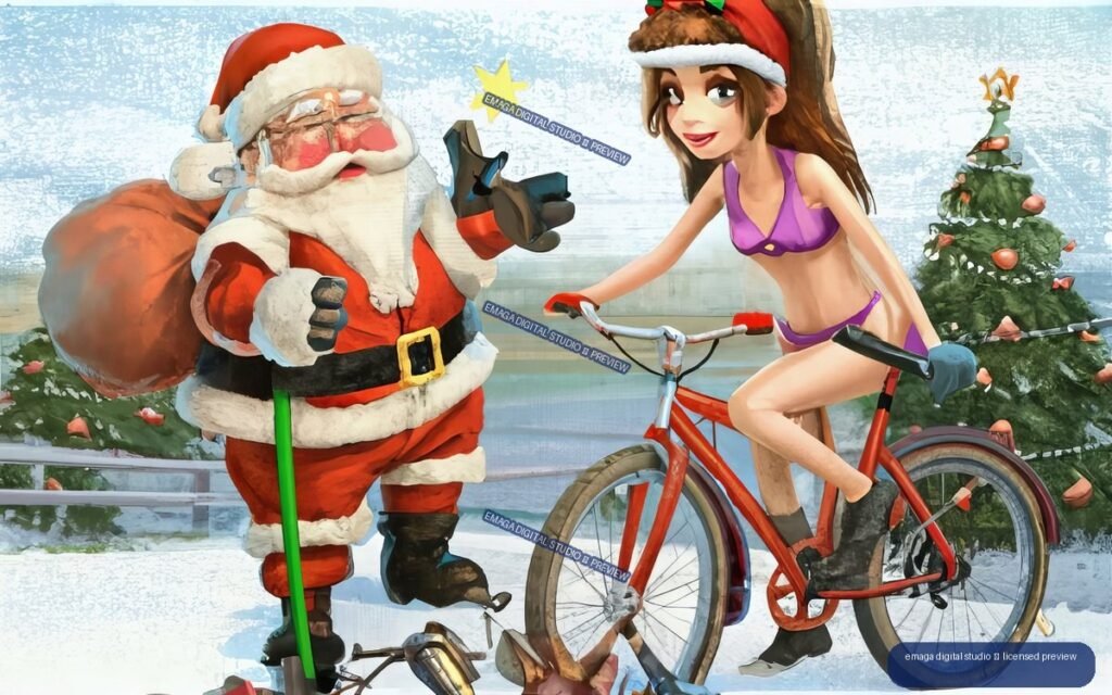 Stylized Christmas illustration of Santa beside a red bicycle, with a woman in a purple outfit and Santa hat, a decorated tree, and snowy scenery.