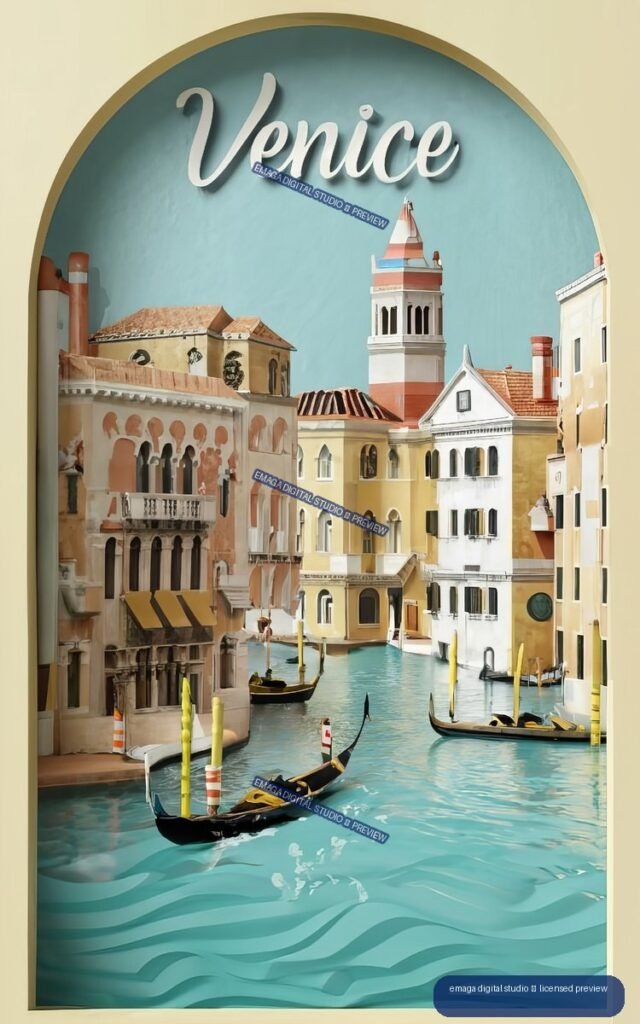 Vintage-style poster labeled Venice, showing gondolas on a turquoise canal among historic Venetian buildings and a bell tower.