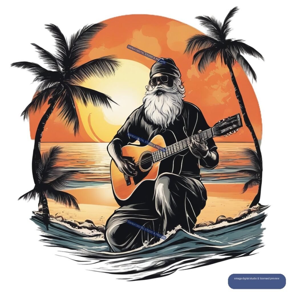 Santa Claus with a white beard and sunglasses plays an acoustic guitar in shallow ocean water at a tropical sunset, framed by palm trees.