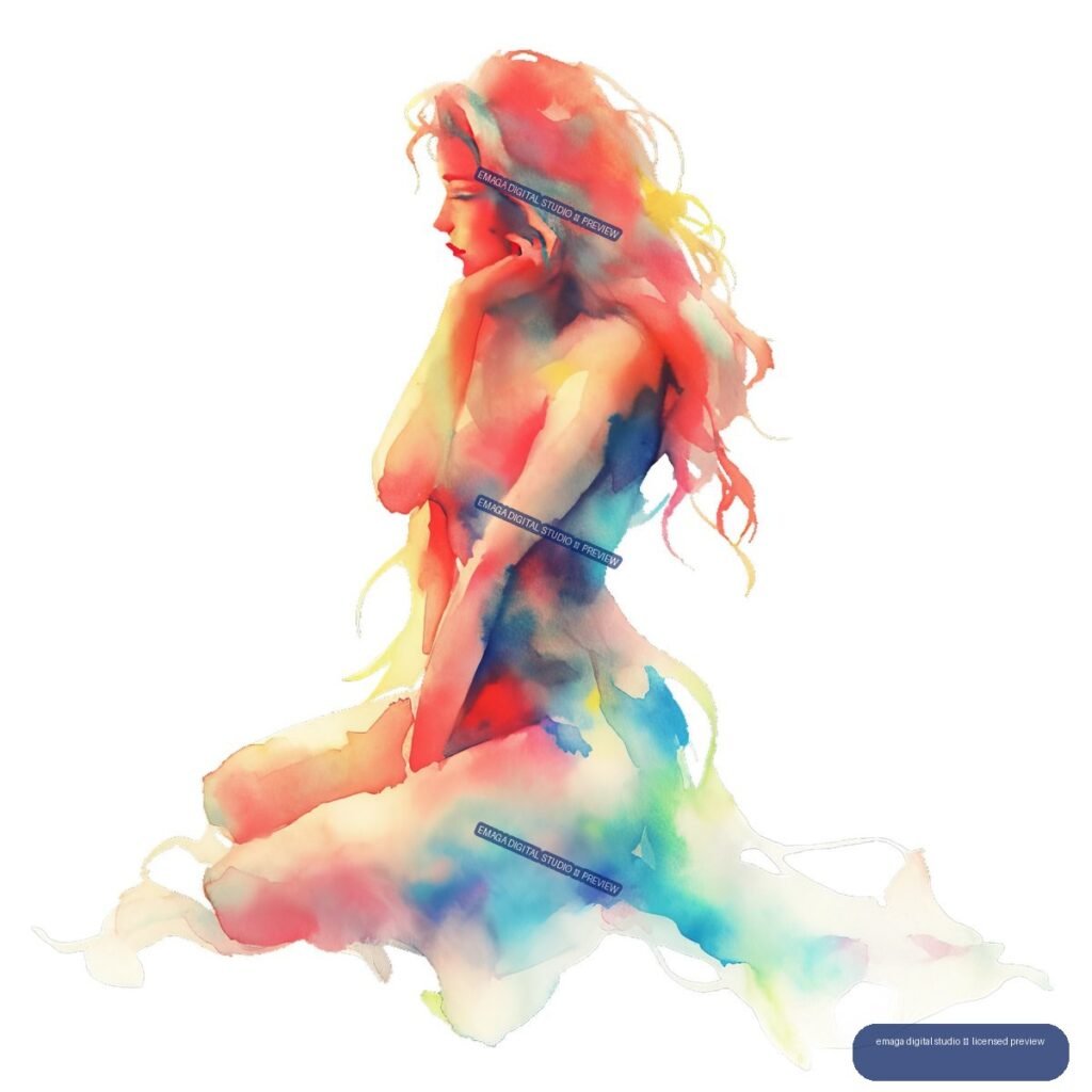 Colorful watercolor-style seated nude female figure in profile with flowing hair and loose paint washes.