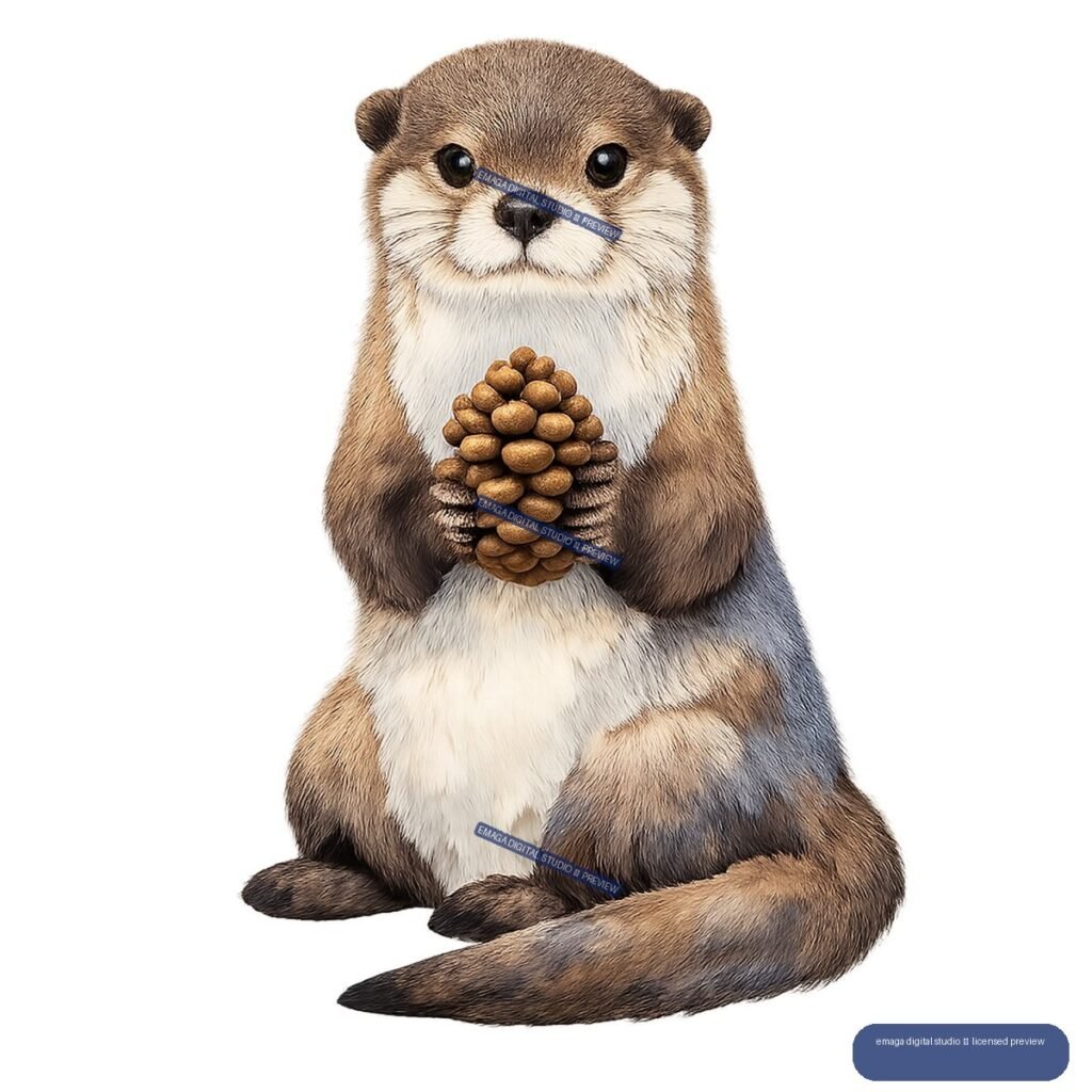 Seated brown otter holding a large pine cone with both paws, isolated on transparency.