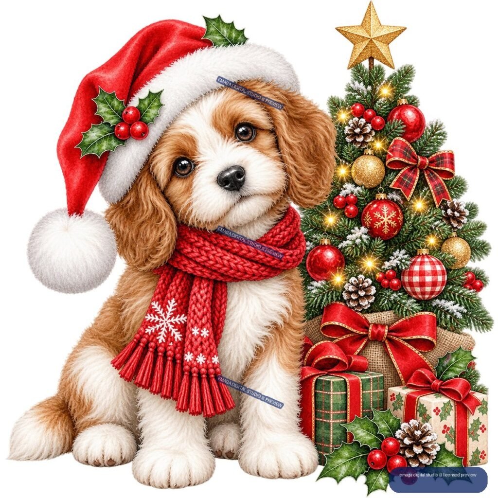 Brown-and-white puppy in a Santa hat and red scarf beside a decorated Christmas tree, ornaments, holly, and wrapped gifts.