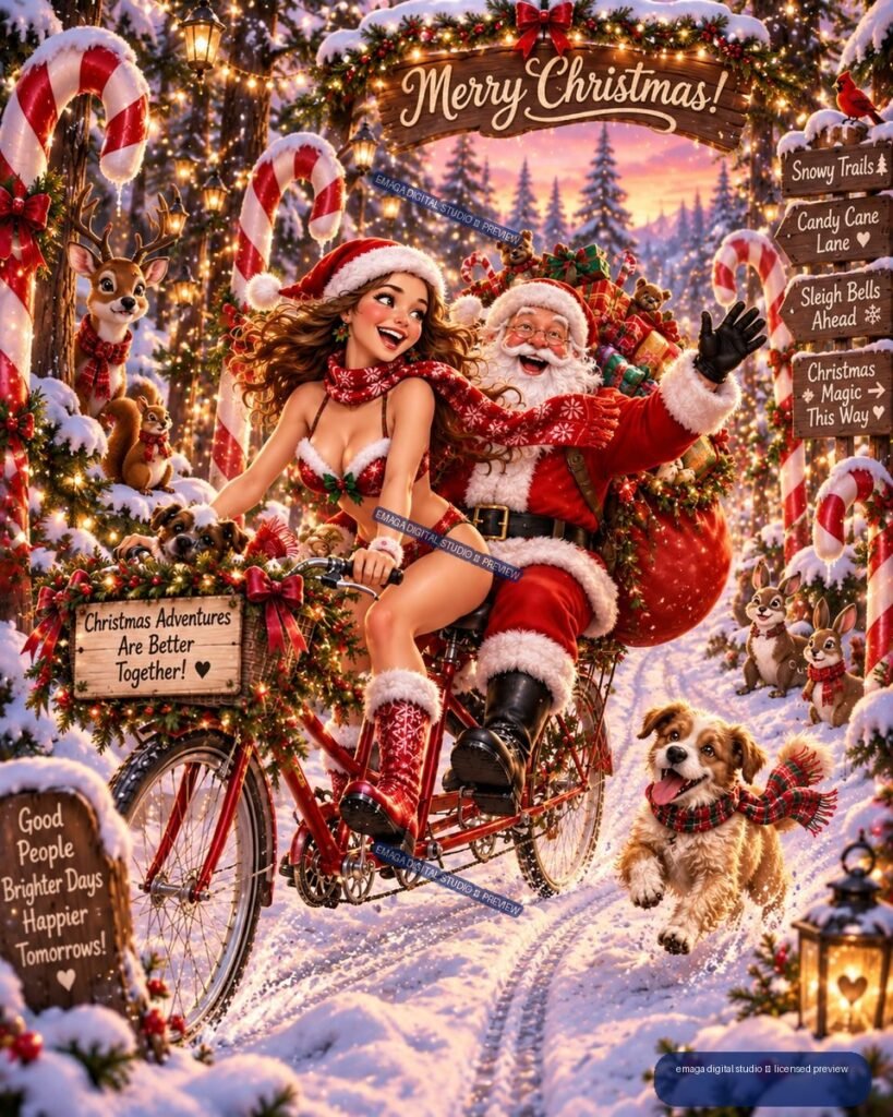 Santa Claus and a woman ride a decorated tandem bicycle through a snowy Christmas forest with animals, gifts, candy canes, lights, and holiday signs.