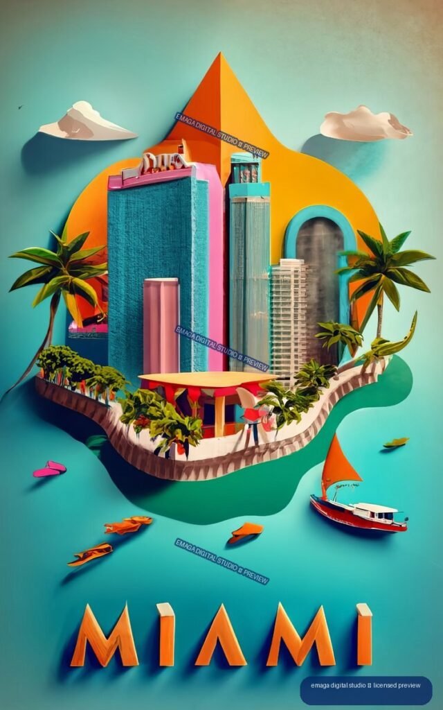 Colorful surreal Miami travel poster with tropical buildings, palm trees, sailboat, turquoise water, and large MIAMI lettering.