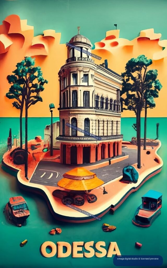 Stylized vertical poster reading ODESSA, with a domed historic building, trees, roads, vehicles, and turquoise water in vivid orange and teal tones.