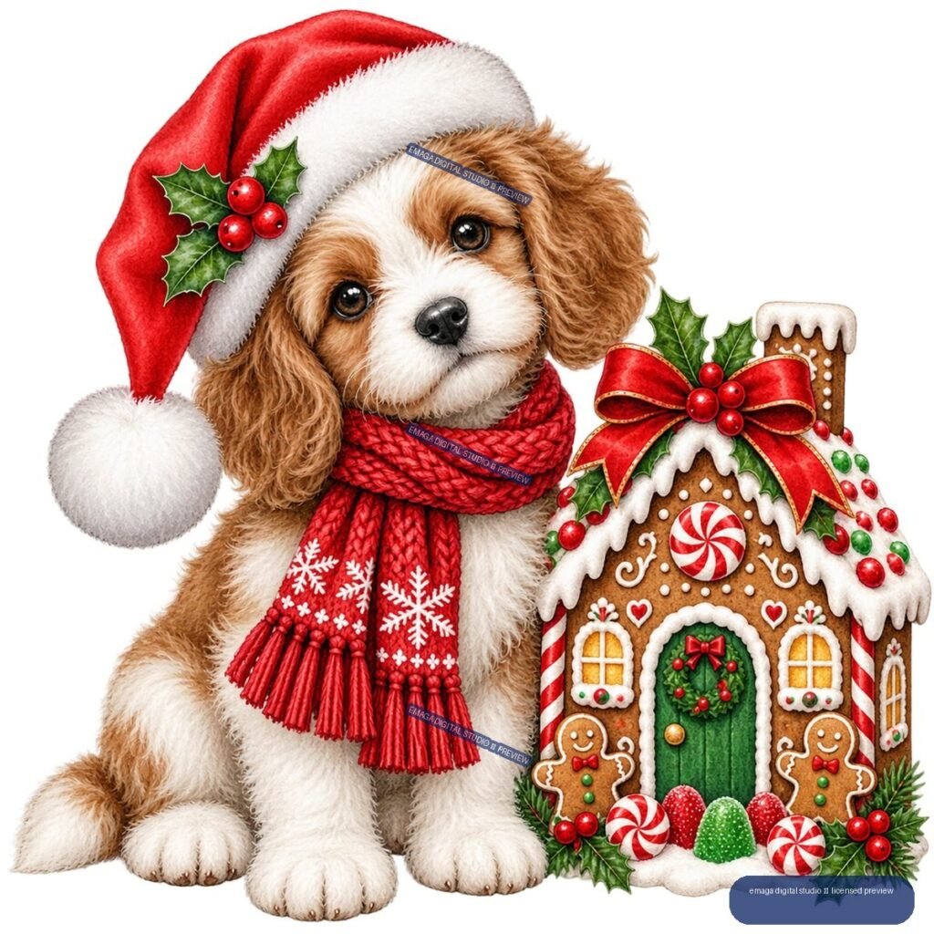Brown-and-white puppy in a Santa hat and red scarf beside a decorated gingerbread house with holly and peppermint candies.