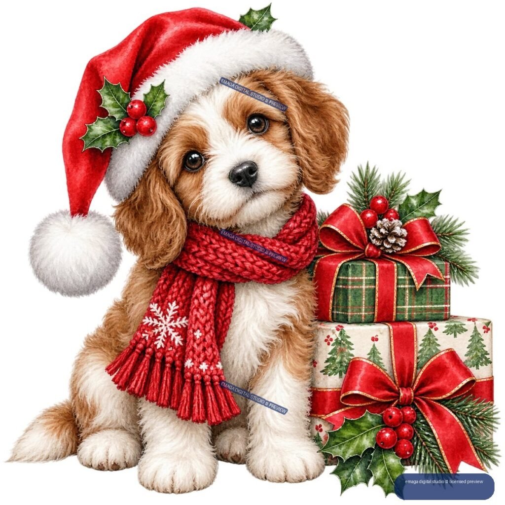 Brown-and-white puppy wearing a Santa hat and red scarf beside decorated Christmas gifts, pine branches, holly, and berries.