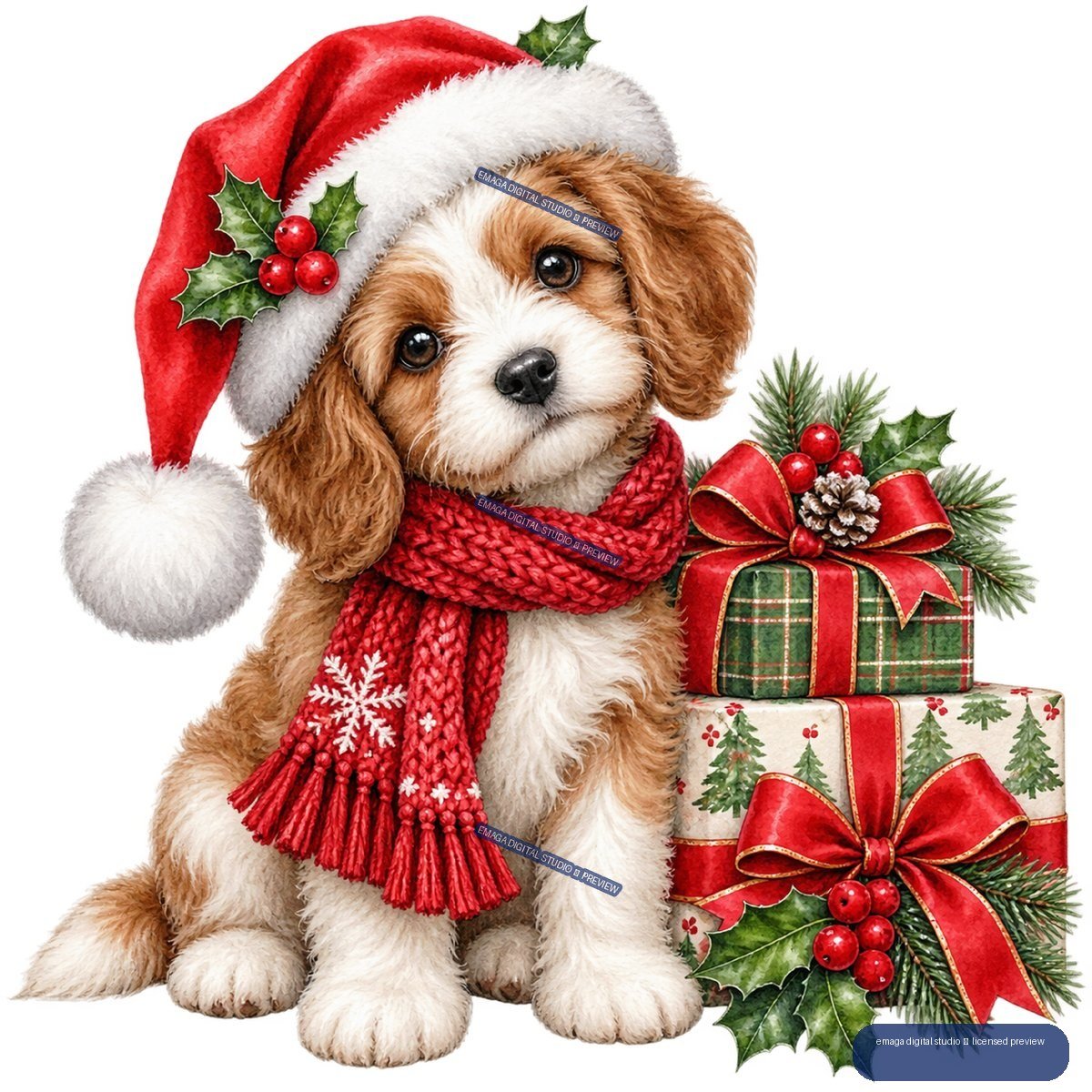 Brown-and-white puppy wearing a Santa hat and red scarf beside decorated Christmas gifts, pine branches, holly, and berries.