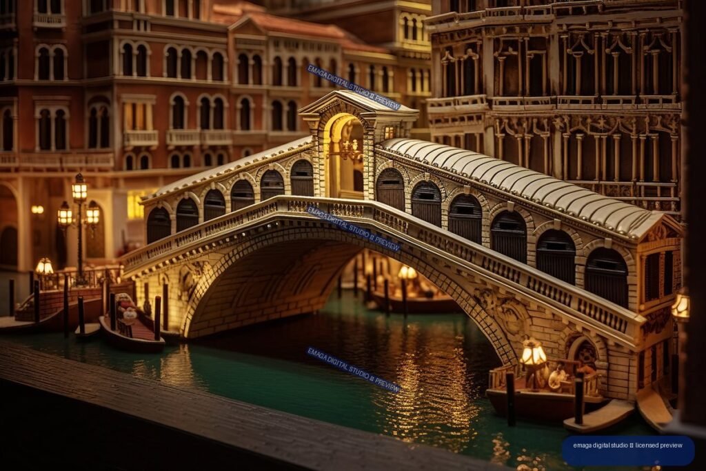 Warmly illuminated Rialto Bridge crossing a Venetian canal at night, with gondolas, ornate historic buildings, and golden reflections on the water.
