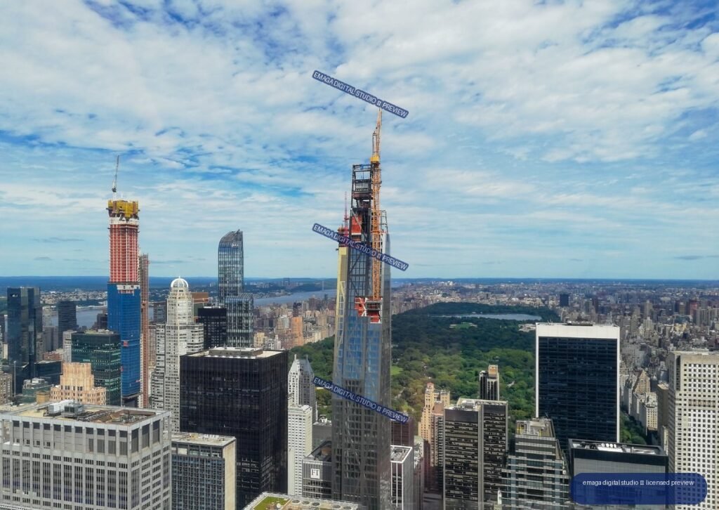 High-angle view of Midtown Manhattan skyscrapers, Central Park, and a partly cloudy blue sky.