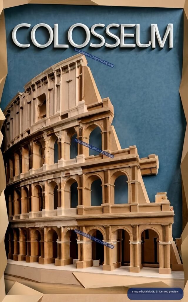Paper architectural model of the Colosseum with raised COLOSSEUM lettering against a blue backdrop.