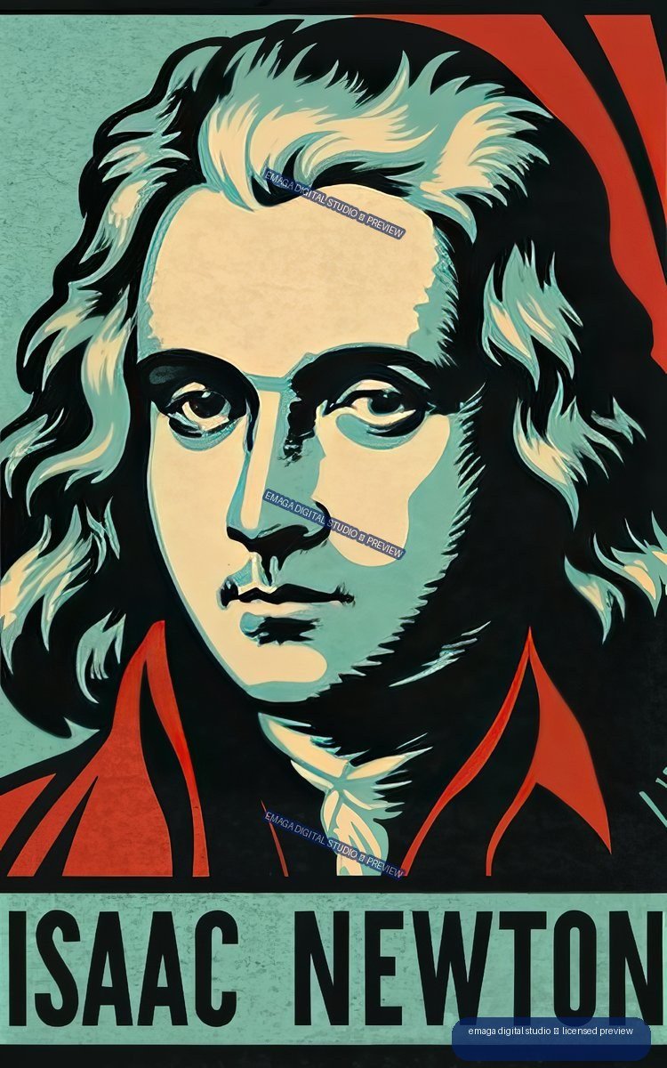 Stylized close-up portrait of Isaac Newton with long dark hair, bold black outlines, teal and cream facial tones, red accents, and the words ISAAC NEWTON at the bottom.