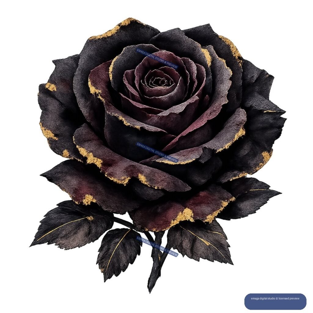 Large black and burgundy rose with irregular gold-edged petals, dark leaves, and a slender stem, isolated.