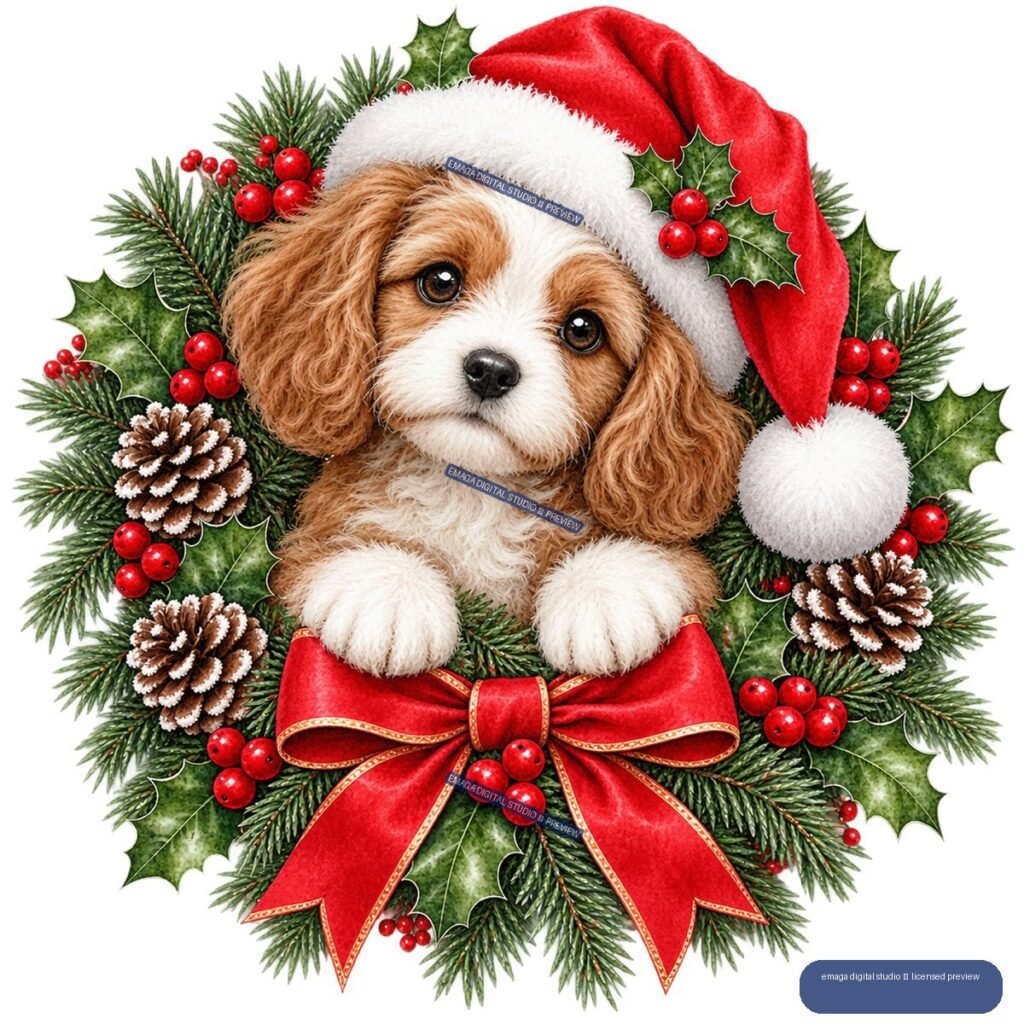 Brown-and-white puppy wearing a red Santa hat, surrounded by an evergreen Christmas wreath with holly, berries, pinecones, and a red bow.