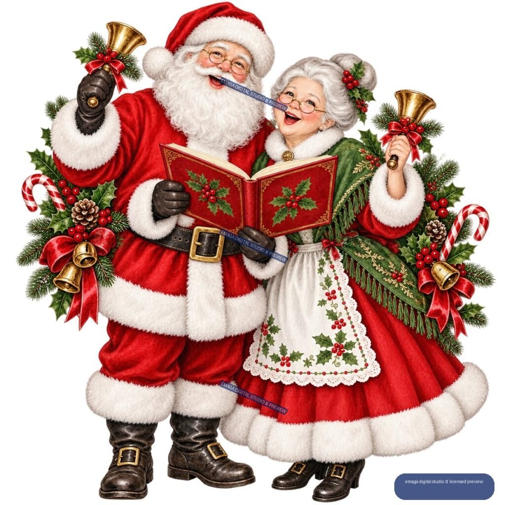 Santa and Mrs. Claus sing from an open red Christmas book while holding decorated bells, surrounded by holly, evergreen branches, candy canes, pinecones, ribbons, and gold bells.