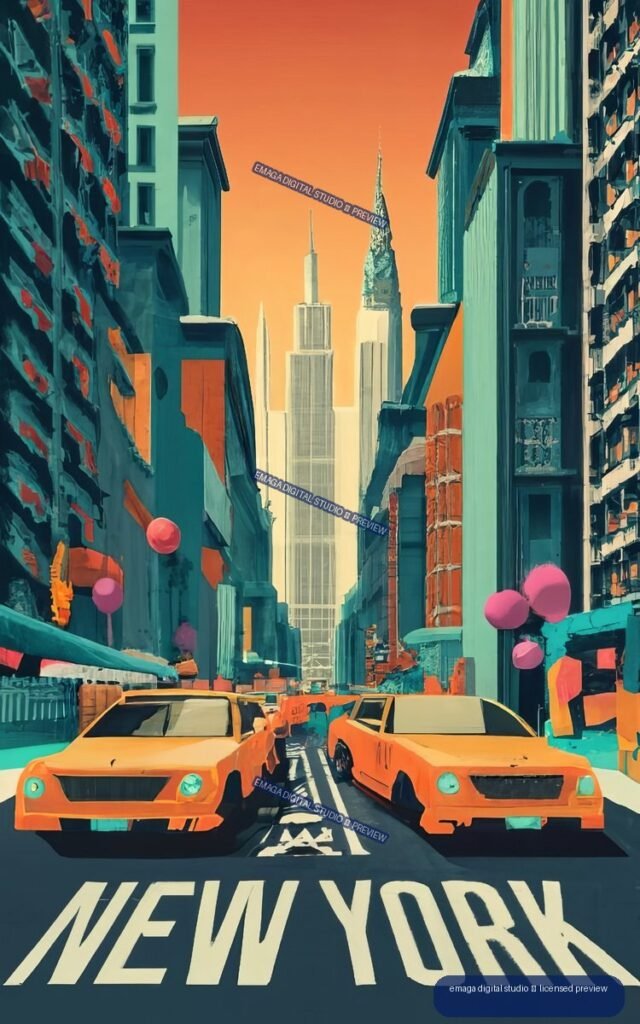 Stylized New York street poster with two yellow taxis, tall buildings, distant skyscrapers, and large NEW YORK lettering on the road.