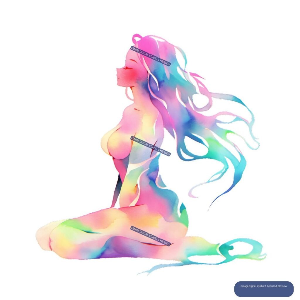 Colorful watercolor illustration of a seated nude female figure in profile with long flowing hair.