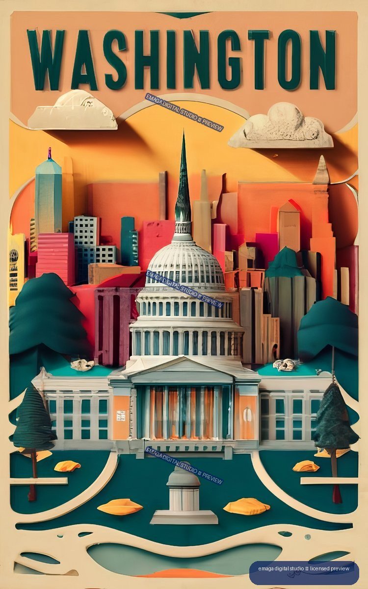 Vintage-style Washington poster with the Capitol dome centered among colorful stylized buildings, trees, clouds, and large WASHINGTON lettering.
