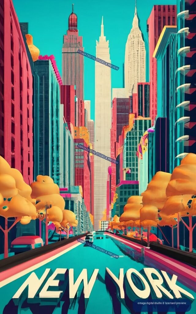 Vibrant stylized New York City street view with skyscrapers, autumn trees, roadway, and large NEW YORK lettering.