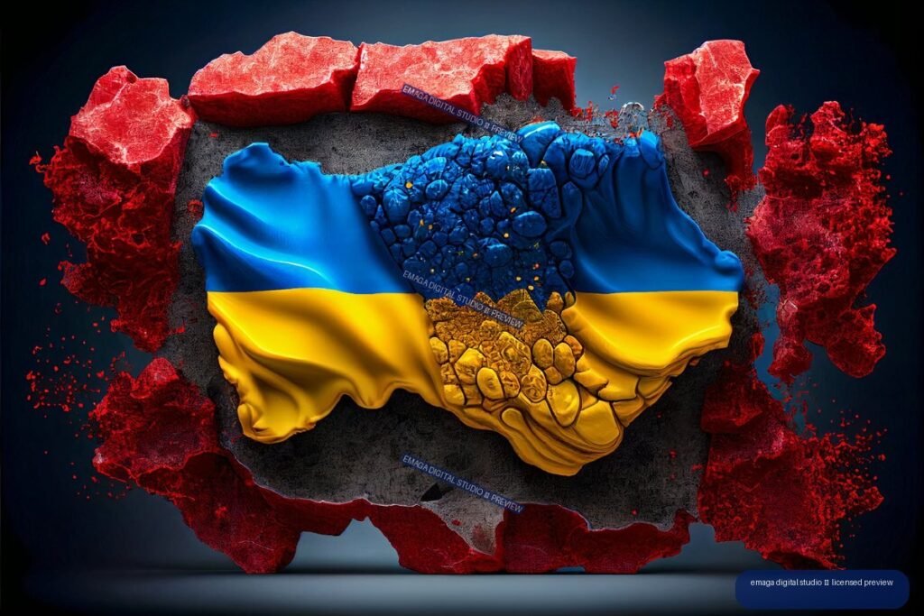 Relief map of Ukraine colored blue and yellow, surrounded by jagged red, blood-like fragments on a dark background.