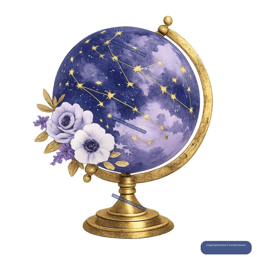 Ornate gold globe with a purple starry sphere, constellation lines, and lavender flowers at the lower left.