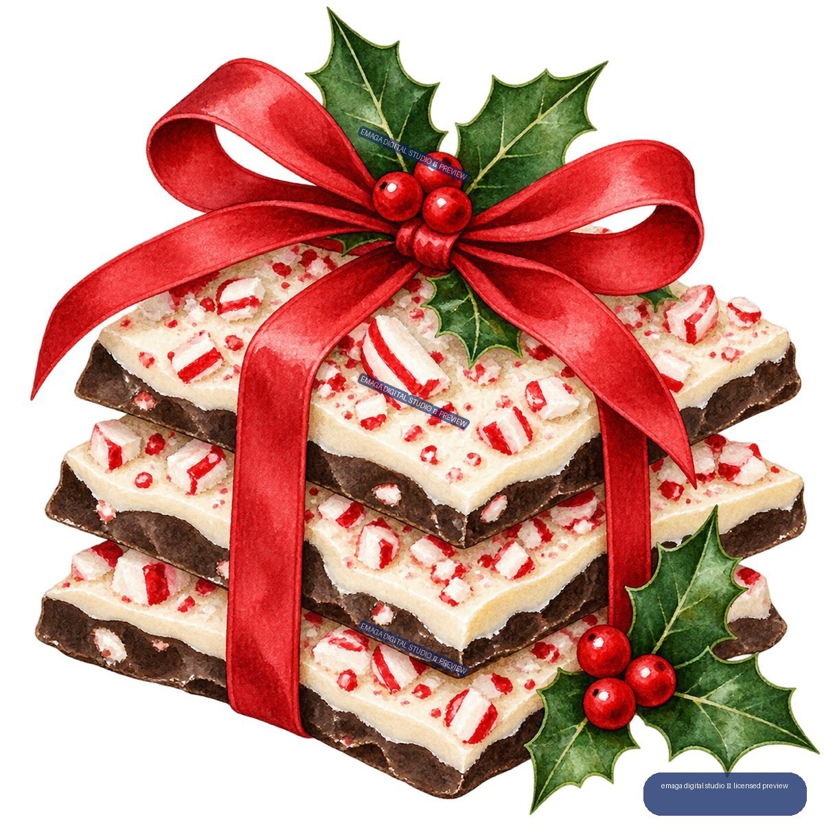 Stacked chocolate dessert bars with peppermint icing, tied with a red ribbon and decorated with holly leaves and red berries.