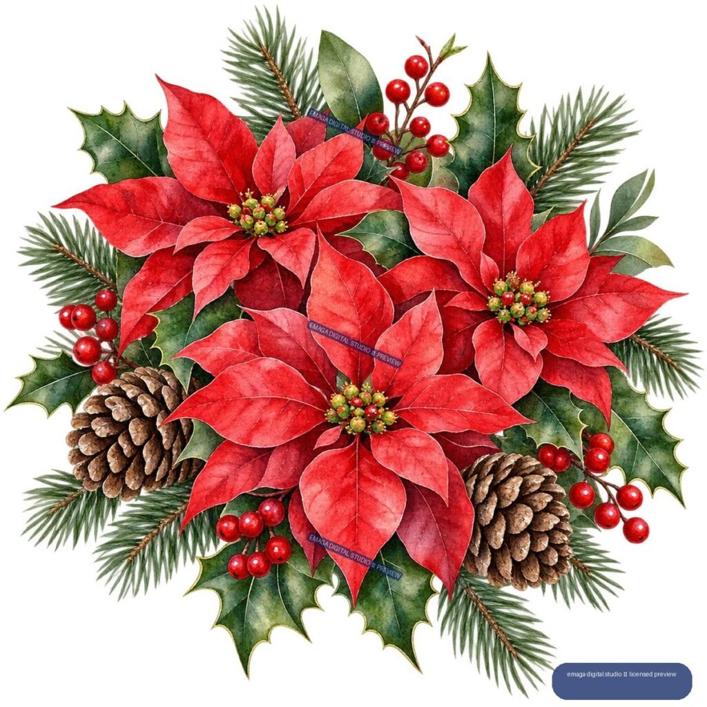 Watercolor Christmas arrangement with red poinsettias, holly leaves, berries, pine branches, and pinecones.