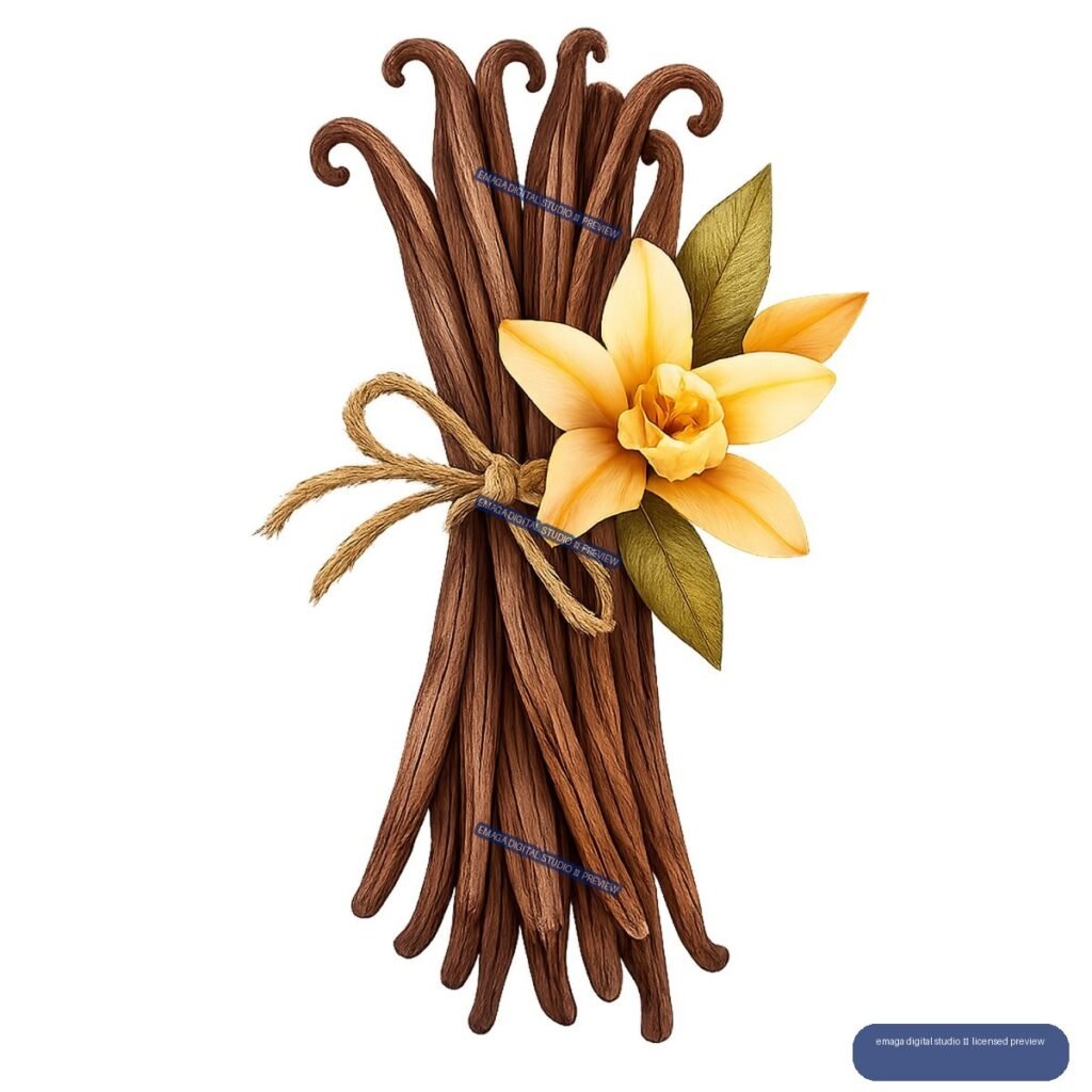 Bundle of curled brown vanilla beans tied with twine and decorated with a yellow flower and green leaves.