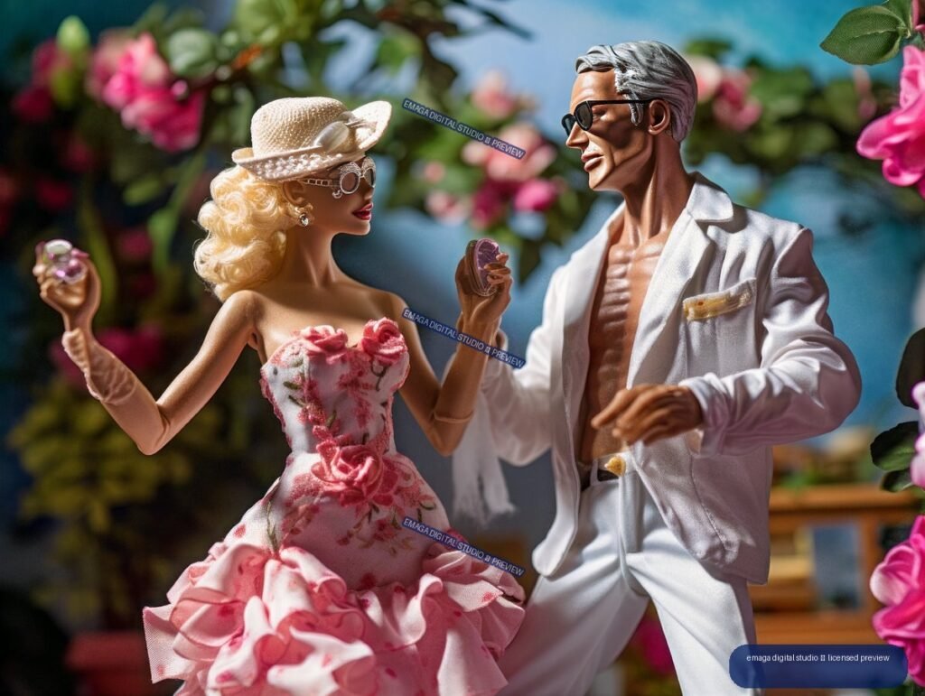 Two mature-looking fashion dolls in formal attire pose together in a rose-filled garden, with the woman in a pink floral dress and the man in a white suit.