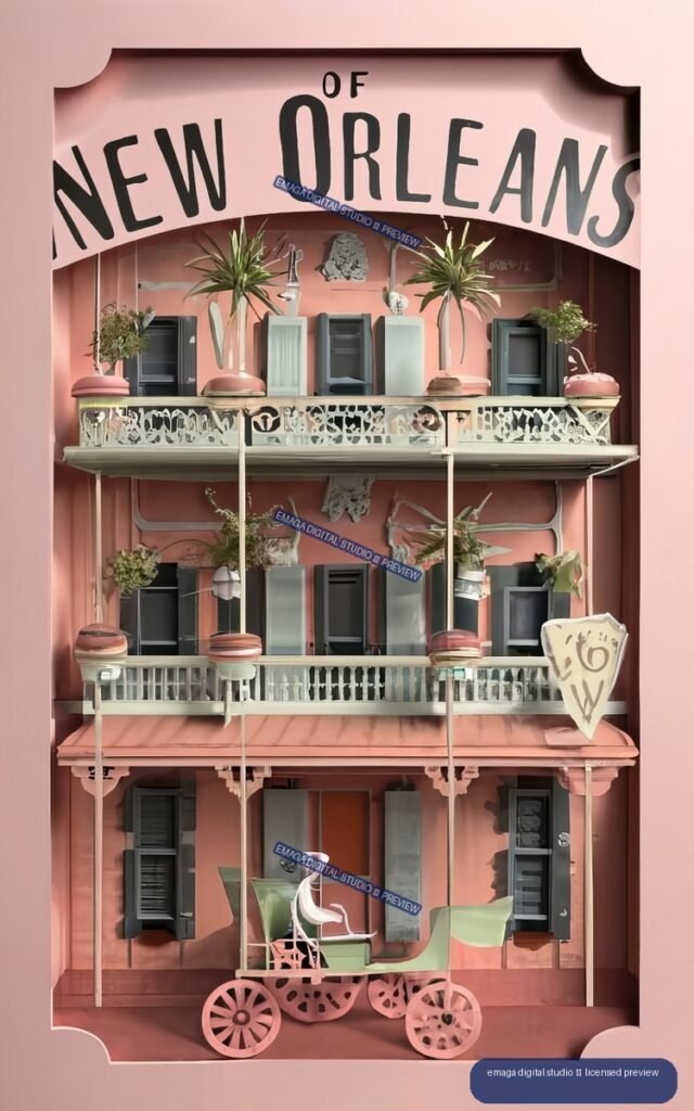 Pink paper diorama of a New Orleans building with balconies, plants, large lettering, and a small streetcar.