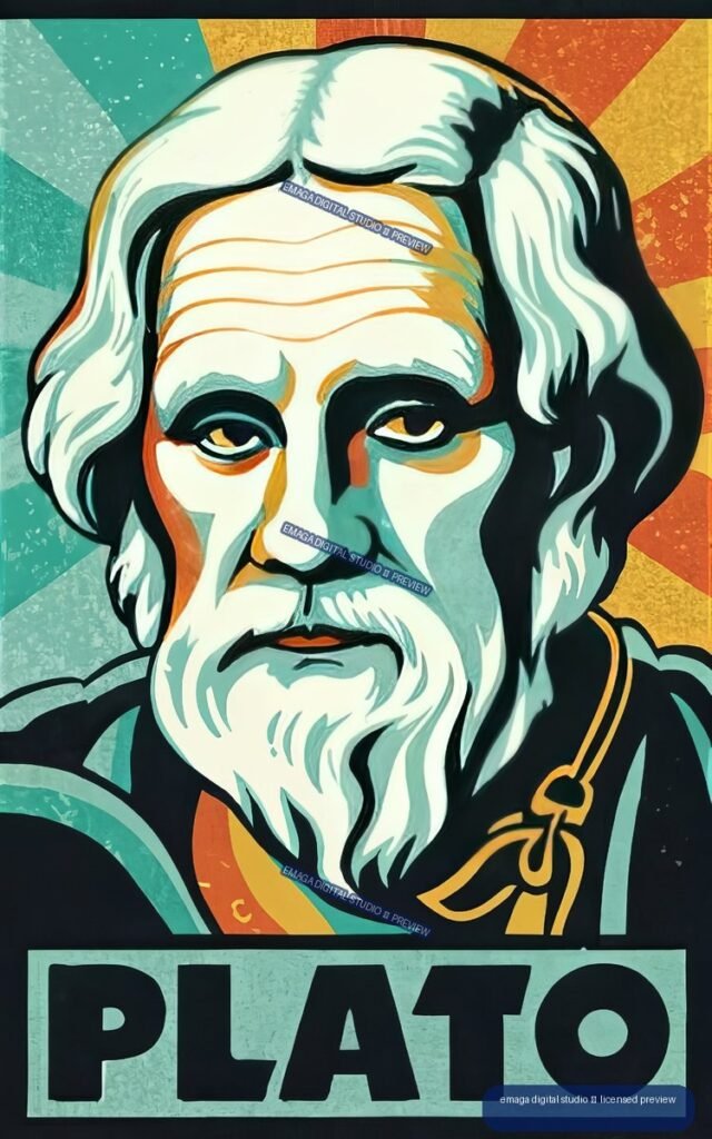 Stylized colorful portrait of Plato with long hair and beard, geometric rays behind him, and PLATO in large black letters at the bottom.