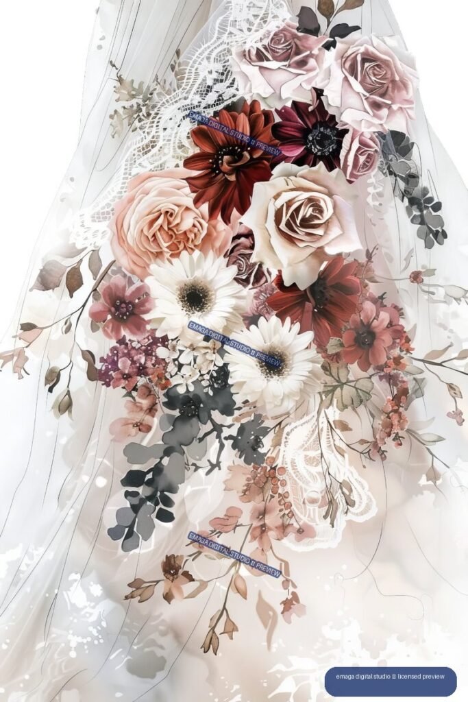 Cascading watercolor-style wedding floral arrangement with roses, daisies, burgundy flowers, leafy branches, and lace-like details.
