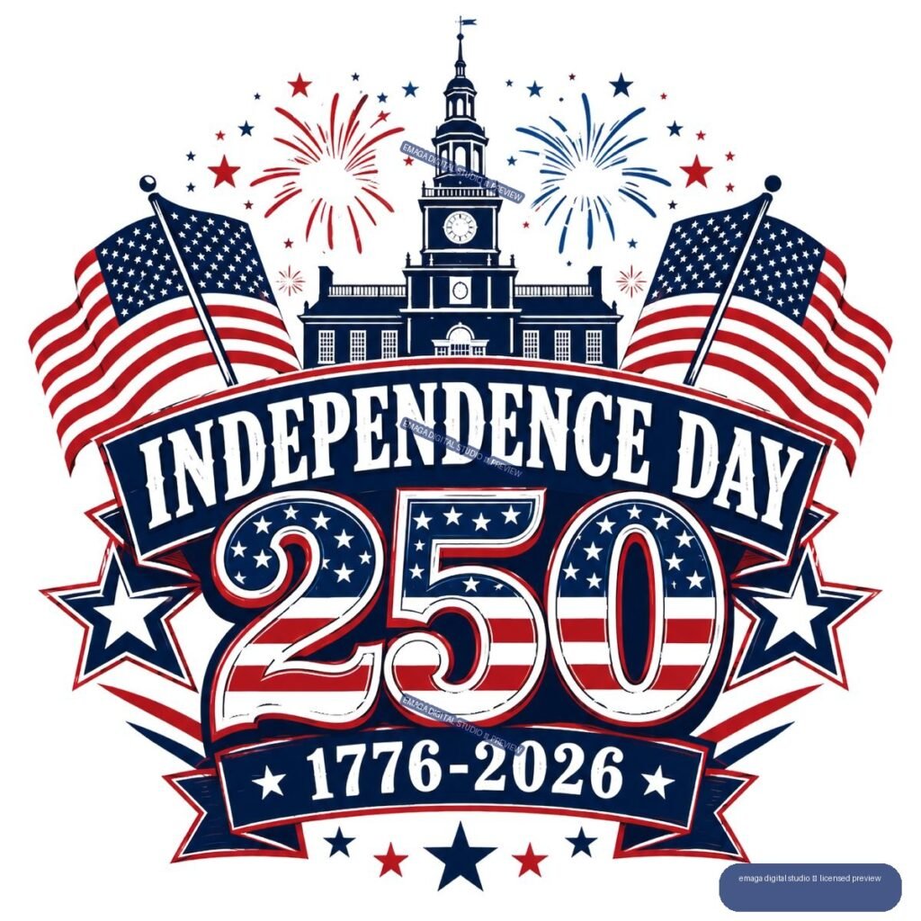 Patriotic red, white, and blue emblem with American flags, a clock tower, fireworks, stars, and the text Independence Day 250, 1776–2026.