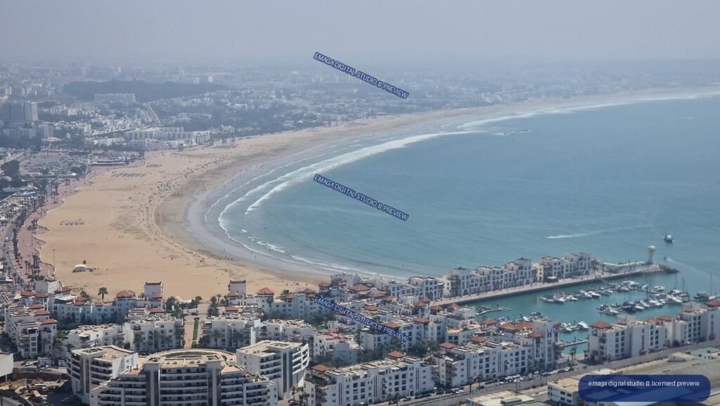 Aerial Coastal View of Agadir Beach and Marina, Morocco