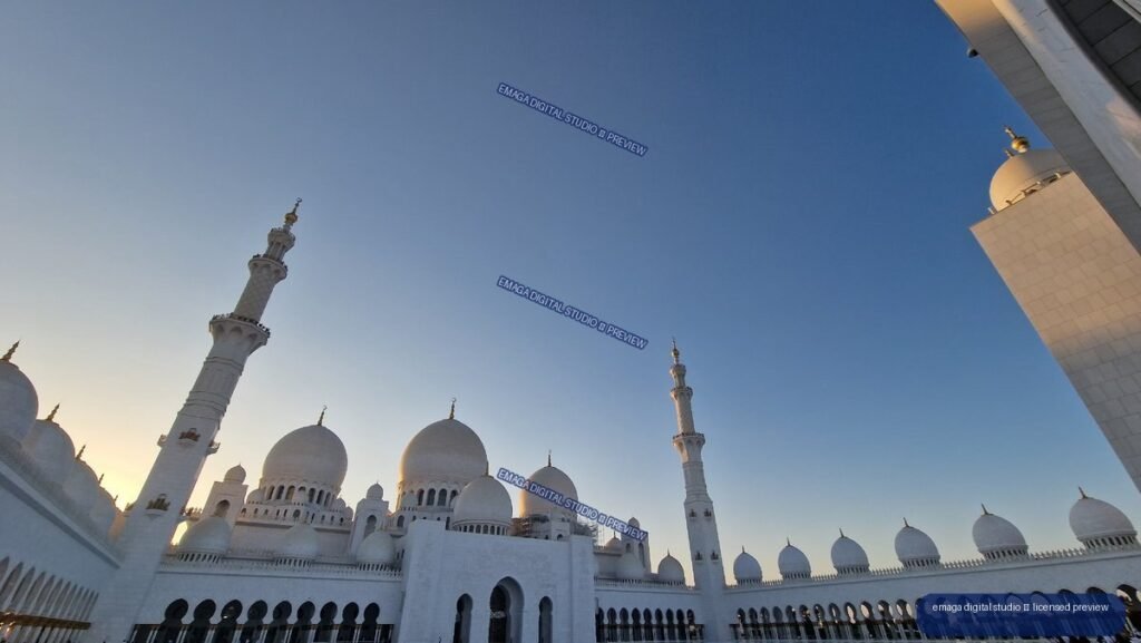 White Mosque Domes and Minarets Beneath a Blue Evening Sky — Sheikh Zayed Grand Mosque, Abu Dhabi
