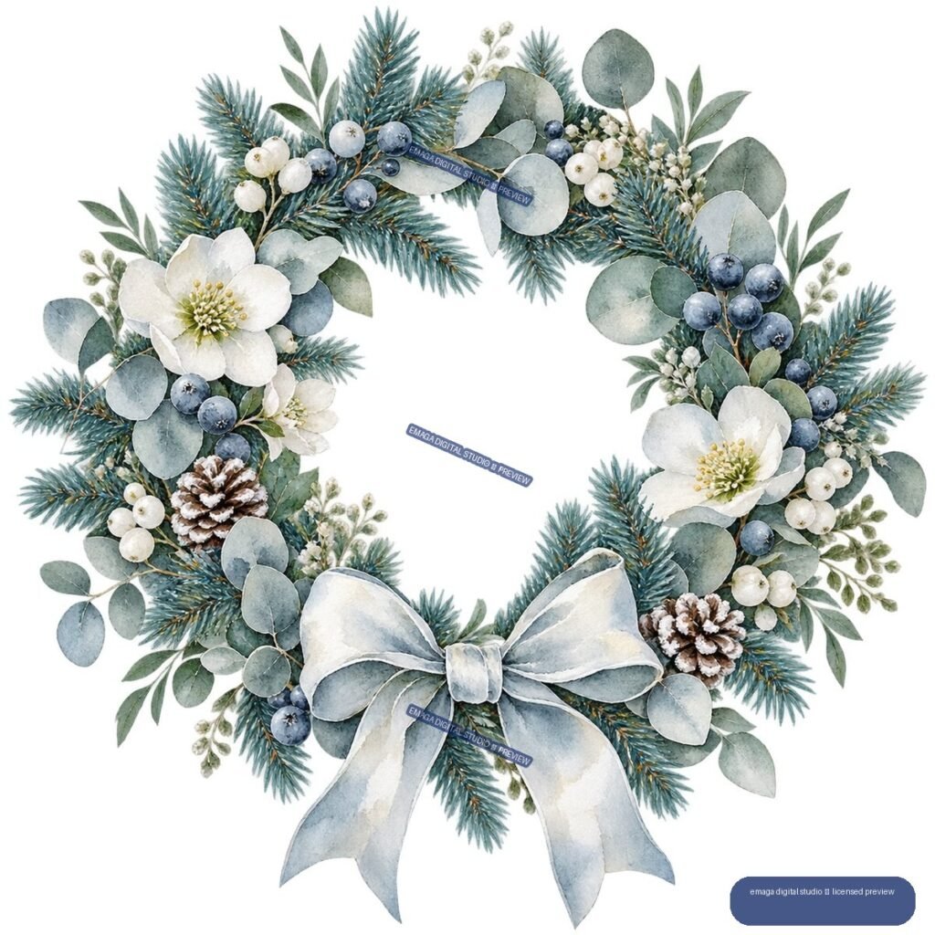 Watercolor Christmas wreath with evergreen branches, eucalyptus leaves, white flowers, berries, pinecones, and a large pale blue bow.