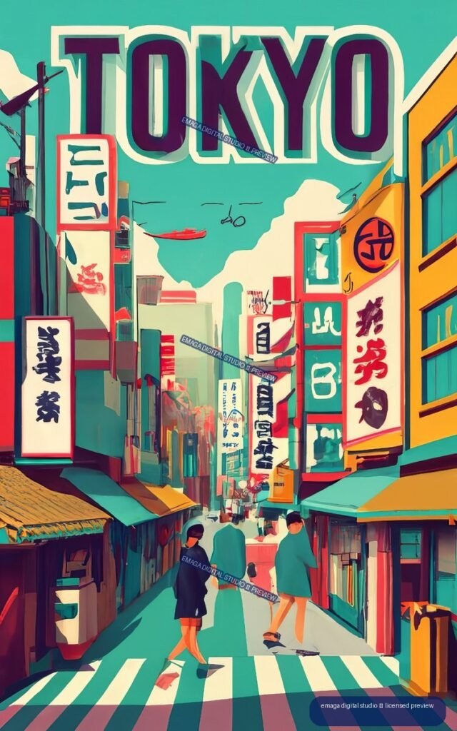 Stylized colorful Tokyo-like street with signs, storefronts, pedestrians, and a striped crosswalk.