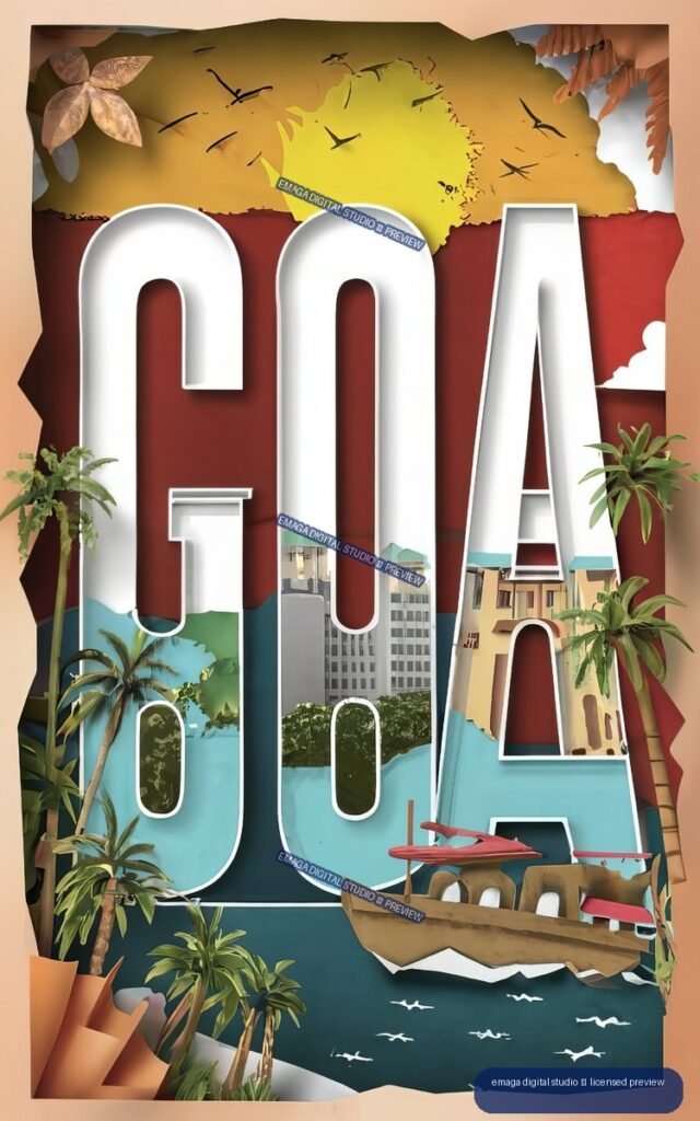 Vertical Goa travel poster with large white letters, palm trees, a fishing boat, seabirds, colorful coastal scenery, and layered collage-style shapes.