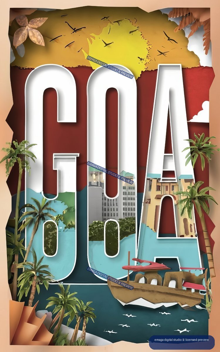 Vertical Goa travel poster with large white letters, palm trees, a fishing boat, seabirds, colorful coastal scenery, and layered collage-style shapes.