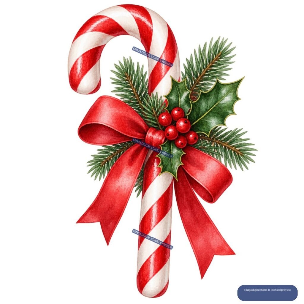 Watercolor illustration of a red-and-white candy cane decorated with a red bow, pine branches, holly leaves, and red berries.