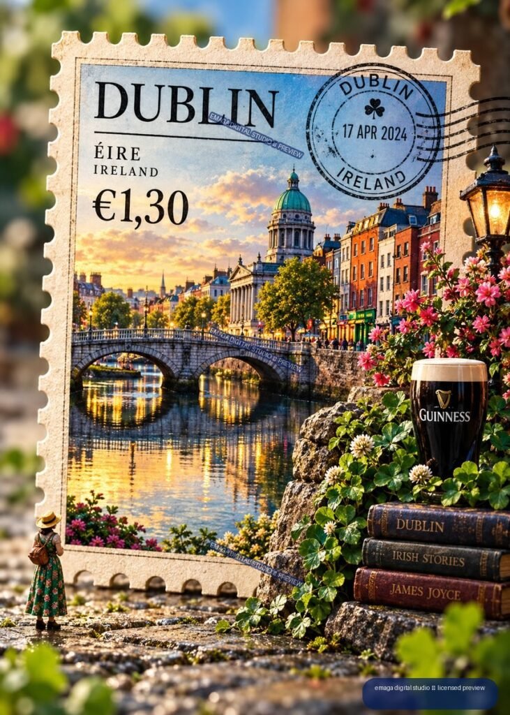 Decorative Dublin postage stamp showing a riverside bridge, domed building, colorful city streets, flowers, a Guinness glass, books, and a small traveler figure.