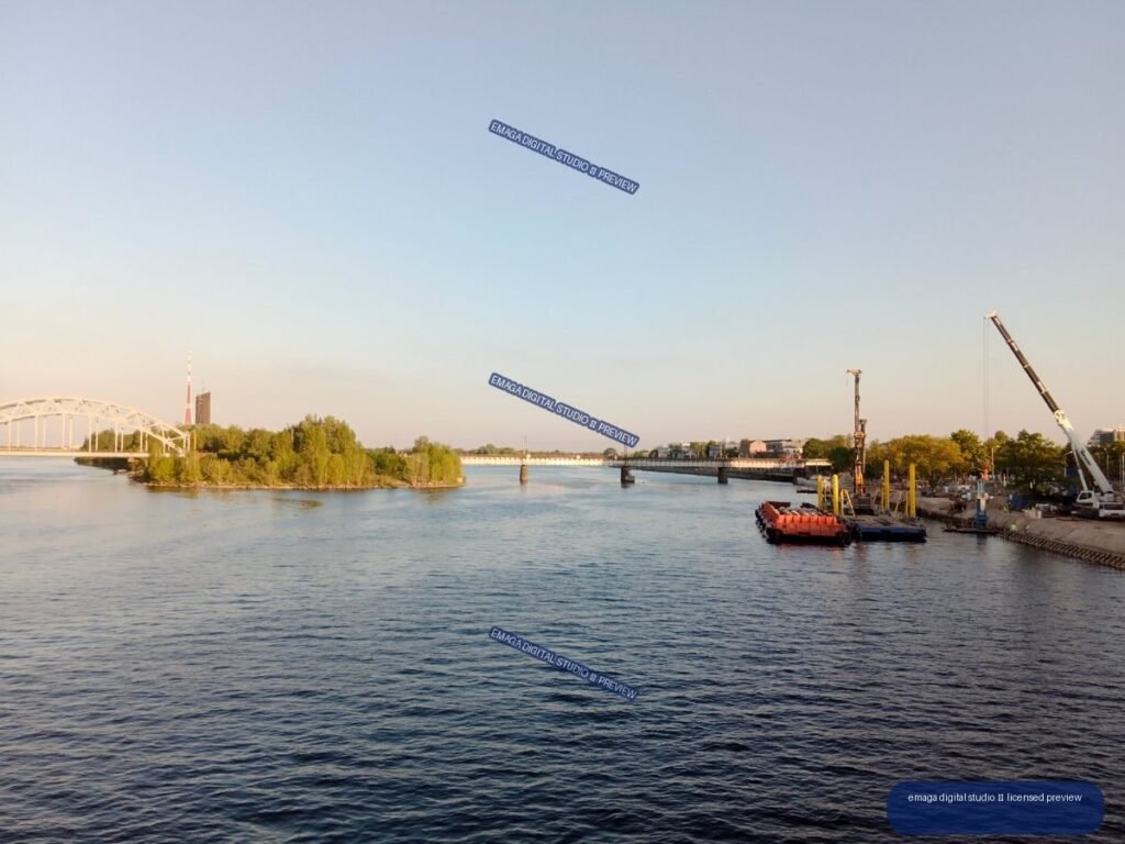 River and Bridges with Construction Crane in Riga, Latvia
