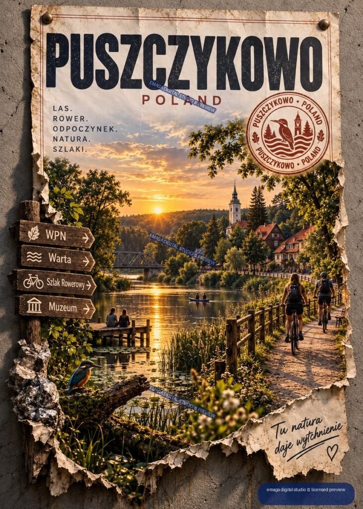 Vintage Puszczykowo Poland travel poster showing a sunset river landscape, church, houses, cyclists, directional signs, and a kingfisher.