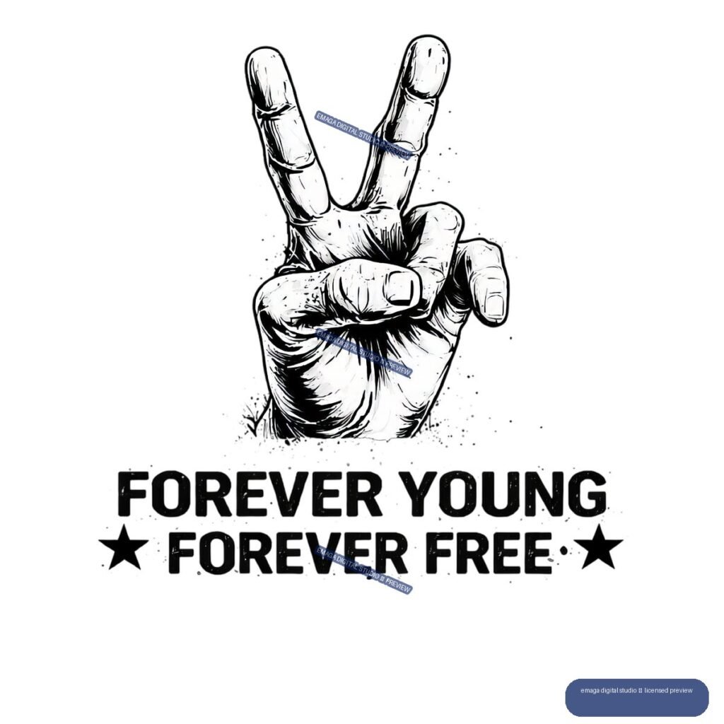 Black-and-white graphic of a raised hand making a two-finger gesture above the words “FOREVER YOUNG” and “FOREVER FREE,” with stars on either side.