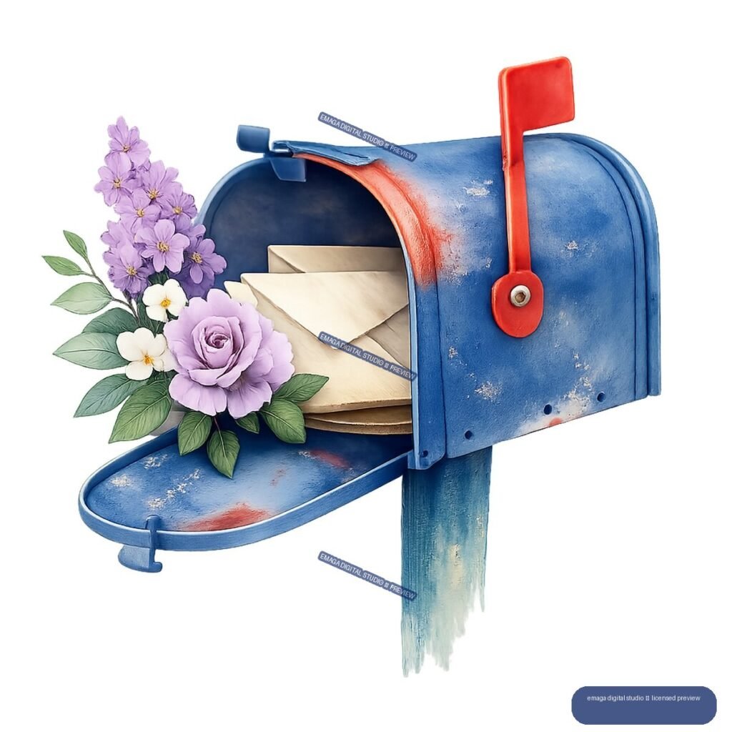 Open blue mailbox with red flag, cream envelopes, and a bouquet of purple flowers.