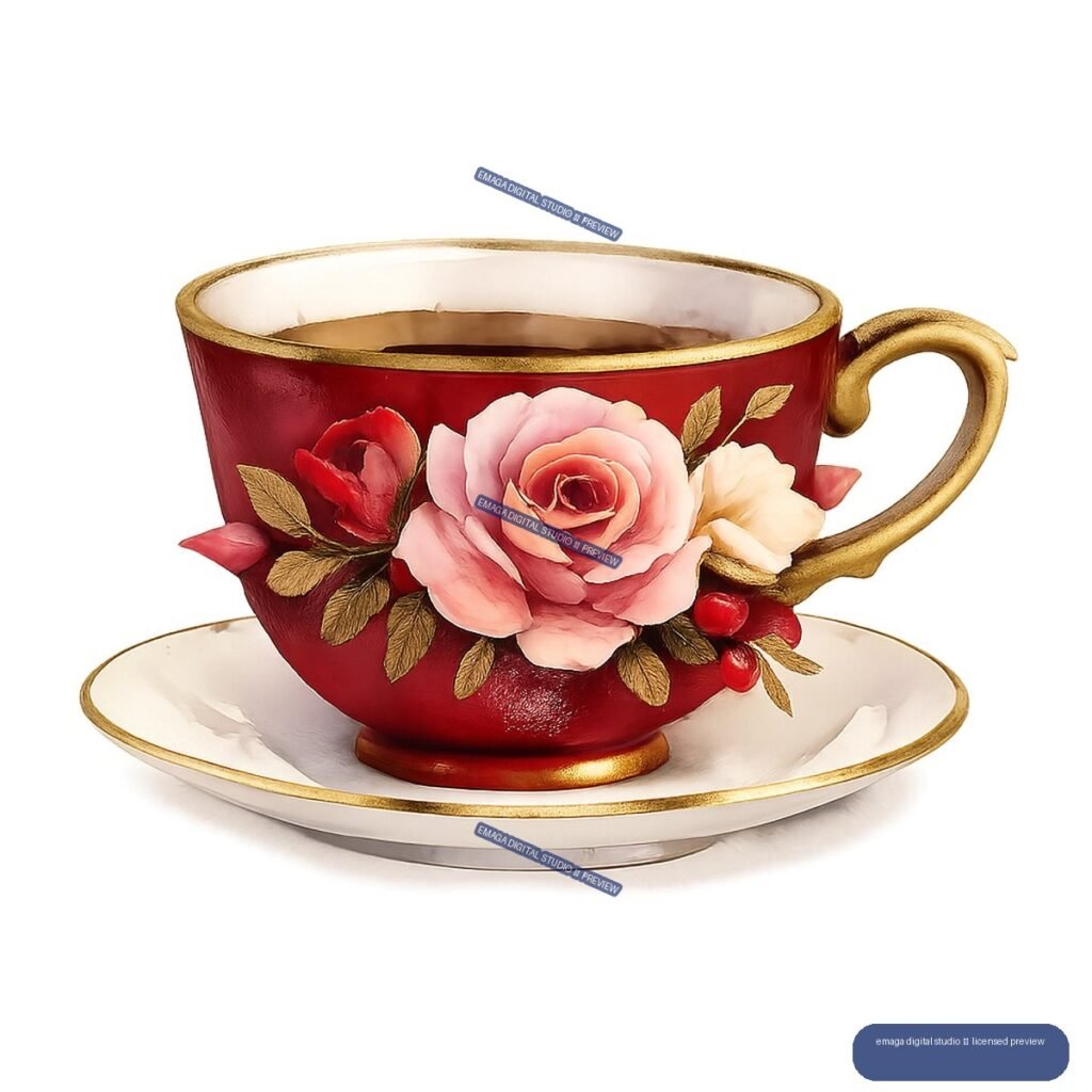 Red teacup and saucer decorated with pink and red roses, gold leaves, a gold rim, and a curved gold handle.