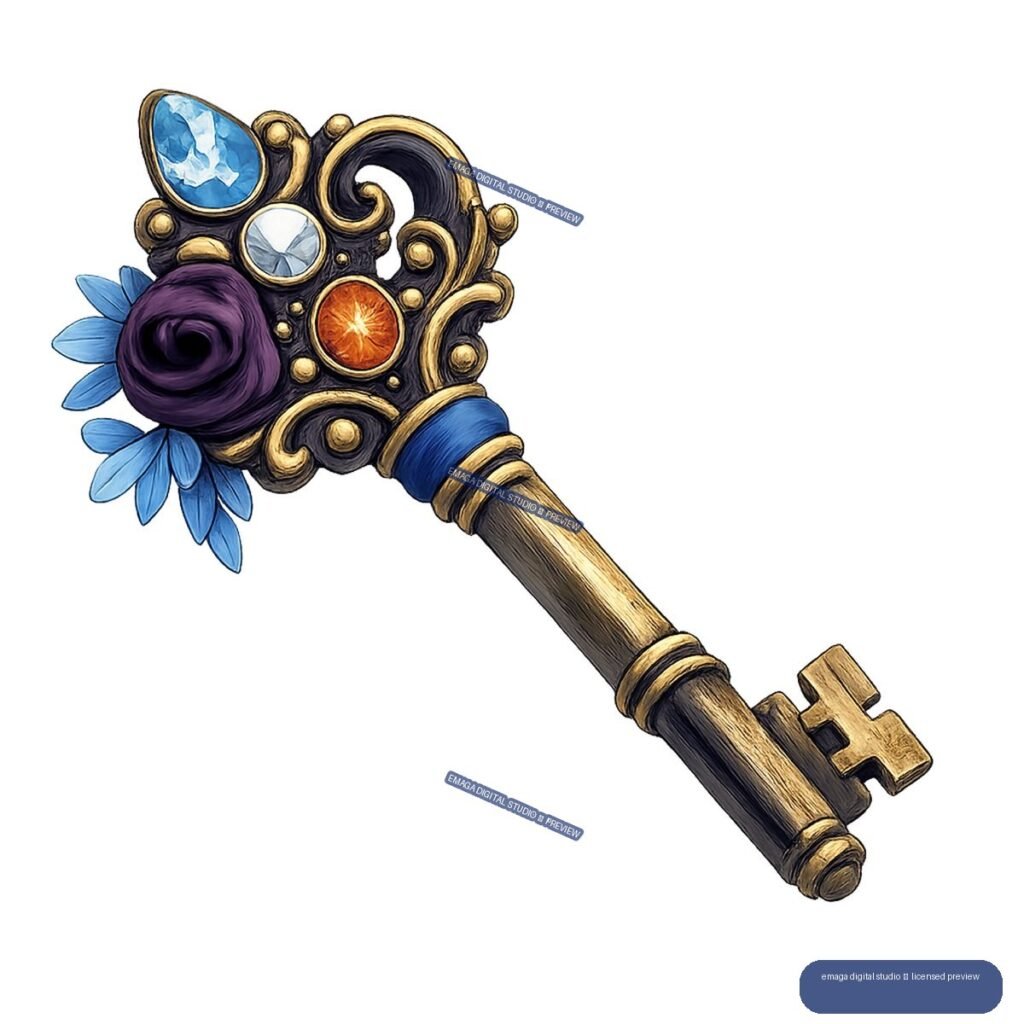 Ornate diagonal key with gold scrollwork, blue and orange gemstones, and a purple rose with blue petals.