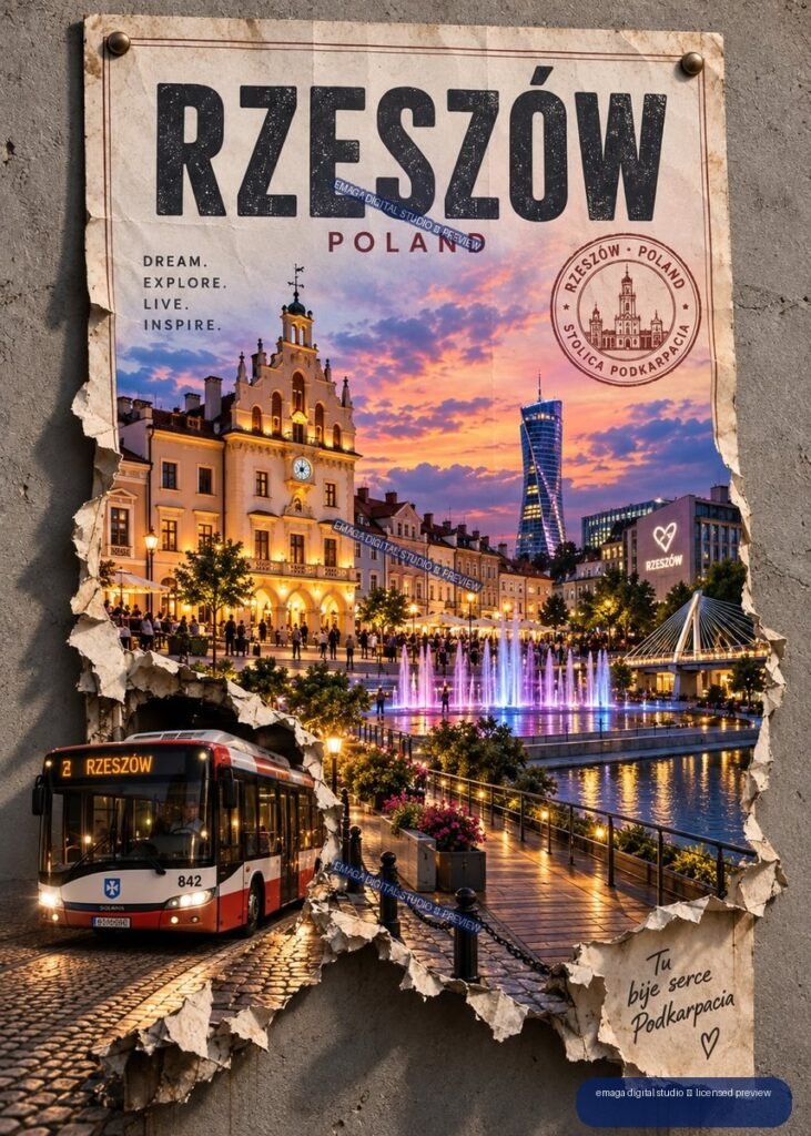 Vintage-style Rzeszów Poland travel poster showing a sunset cityscape, fountains, bus, historic buildings, and modern tower.