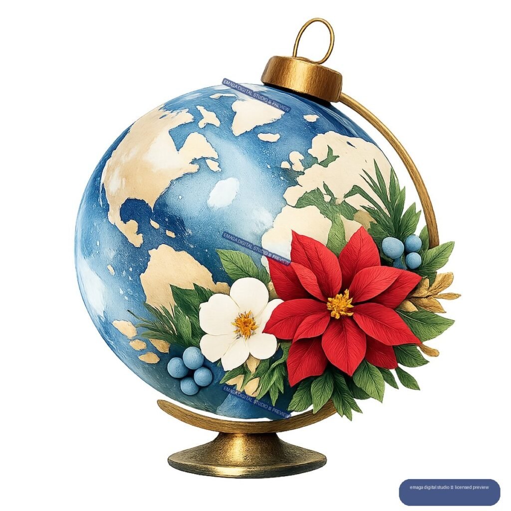 Blue globe-shaped Christmas ornament with gold hanger and stand, decorated with a red poinsettia, white flowers, green foliage, and blue berries.