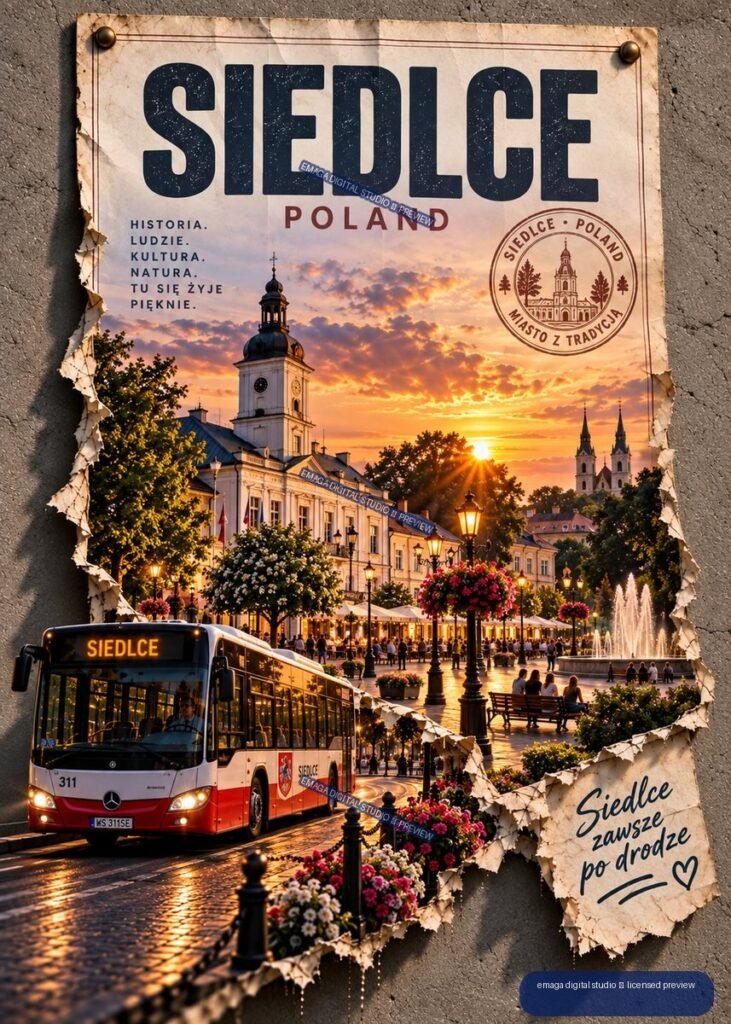 Vertical Siedlce Poland travel poster showing a sunset city square, historic buildings, flowers, fountain, and city bus.